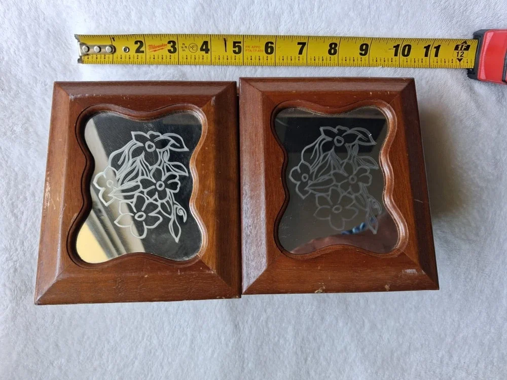 Vintage Rosalco Wooden Jewelry Box Mirrored Lid Floral Etched Organizer Taiwan
